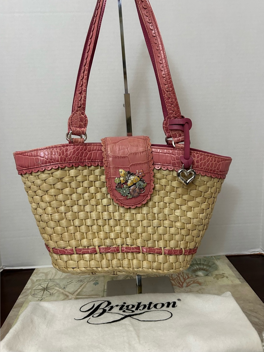 Vintage Brighton Straw & Pink Leather Bag